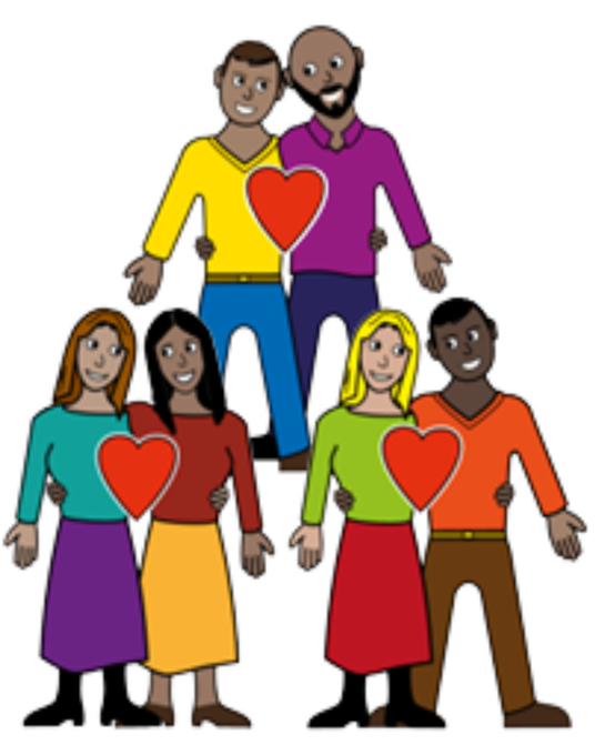 Image of three couples standing together with a love heart between them. Couple 1 is two women, couple 2 is a man and a woman and couple 3 is two men