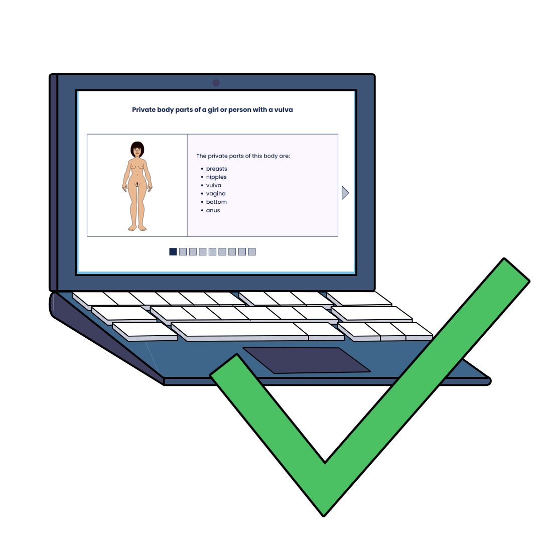 A drawing of a laptop with the Healthy Respect website page about private body parts on the screen. A big green tick is in front of the laptop.