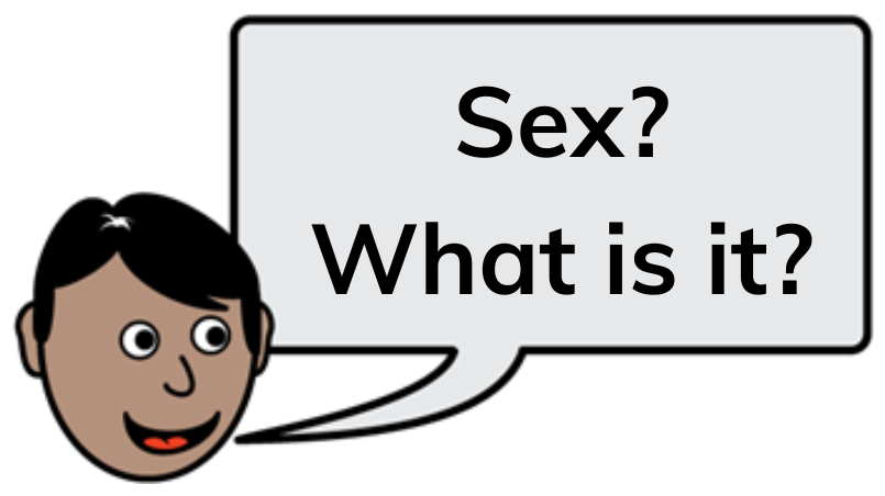 Image of a face and a speech bubble with the question what is sex