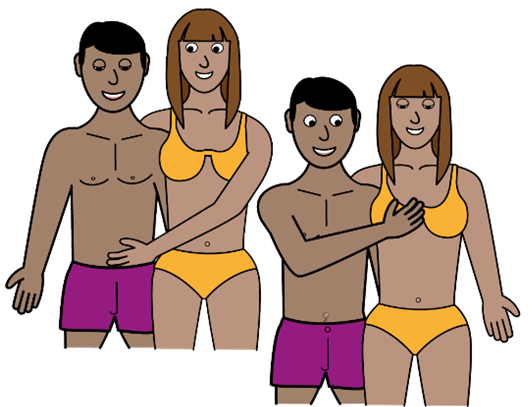 image of a man and woman. The woman is touching the man's stomach under the waistband of his boxers. The man is touching the woman's breast on top of her bra.