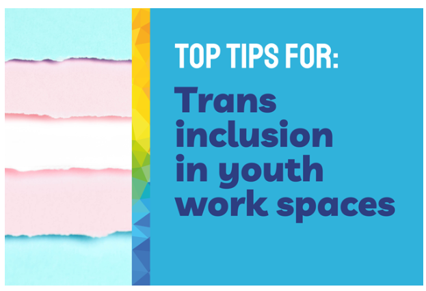Image of transgender flag with top tips for trans inclusion in youth work spaces written beside it.