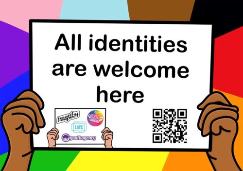 image of hands holding a sign that says All identities are welcome here