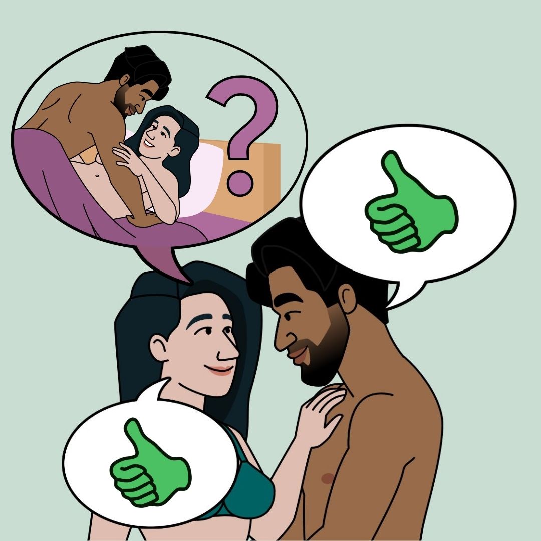 Image of a man and woman consenting to sex. The man is sharing his thoughts about having sex with the woman and the woman says yes